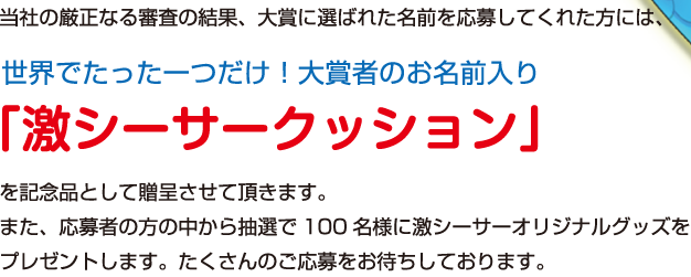 当社の厳正なる審査の結果、大賞に選ばれた名前を応募してくれた方には、世界でたった一つだけ！大賞者のお名前入り「激シーサークッション」を記念品として贈呈させて頂きます。また、応募者の方の中から抽選で100名様に激シーサーオリジナルグッズをプレゼントします。たくさんのご応募をお待ちしております。